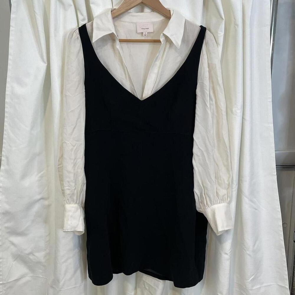 Cinq a Sept black dress with layered white silk button up collar. Size 8